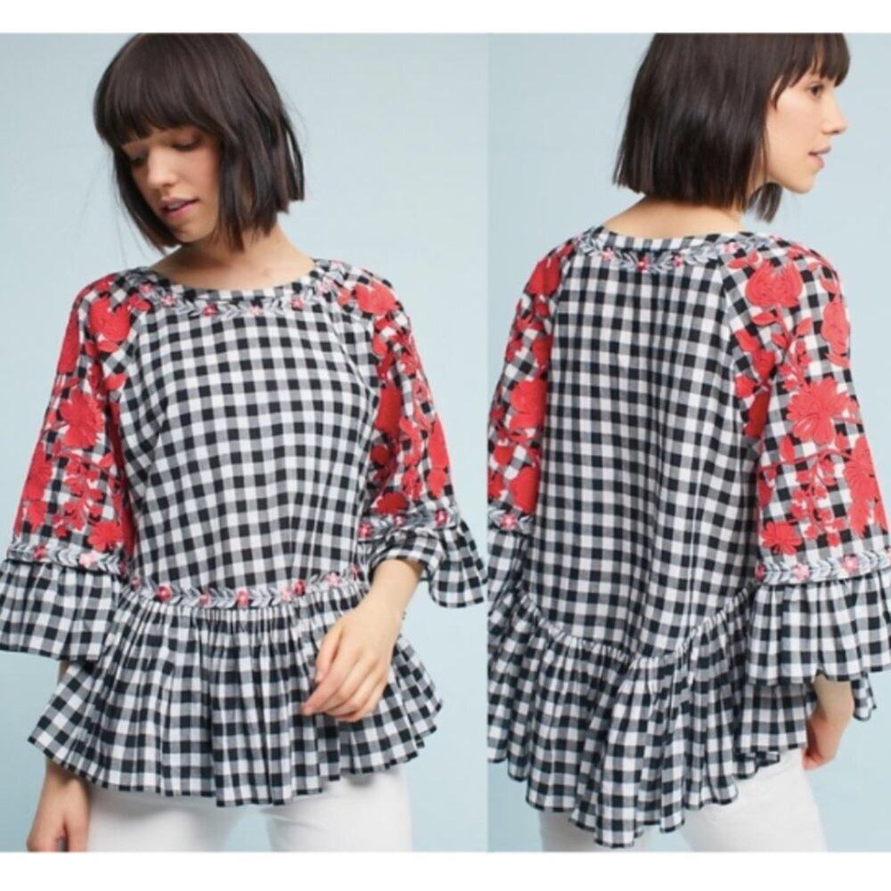 Anthro Pankaj & Nidhi Gingham Print Floral Ruffle Blouse